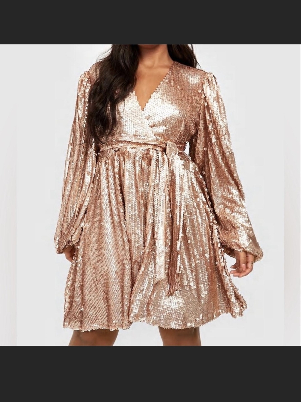 NWT Boohoo Rose Gold Sequin Tie Waist Skater Dress Plus Size 16 Party